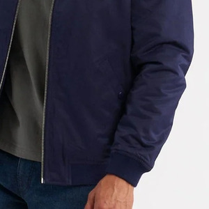 Men's Navy Blue Bomber Jacket Solid Color Stand Collar Zipper Closure Casual Autumn Wear Regular Fit Polyester Material - Product Image 3