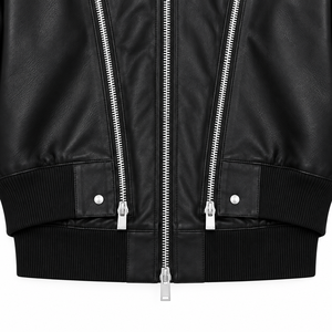 Chaqueta Bomber Slim de Cuero PU Negra para Hombre, Cuello Camisero, Cierre de Cremallera, Bolsillos Delanteros, Largo Corto, Manga Regular, Estilo Motero - Product Image 6