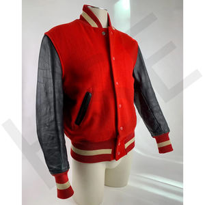 Chaqueta estilo universitario - Cuerpo de lana roja - Mangas de cuero negro - Product Image 1