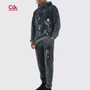 Survêtement à capuche brodé floral personnalisé, coupe ample longue, délavage acide, 100 % coton, coutures durables, respirant - Product Image 1