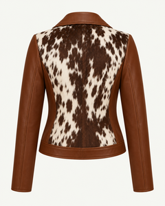 Chaqueta de Motociclista de Cuero Genuino Marrón para Mujer, Talla Grande, con Pelo de Vaca y Estampado Animal - Product Image 3