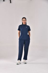 Blue <b>Women</b> Medical Scrub Suit Set <b>Short</b> Sleeve Zip Stand Collar Top with Matching Pockets Workwear <b>Trousers</b> - Product Image 5