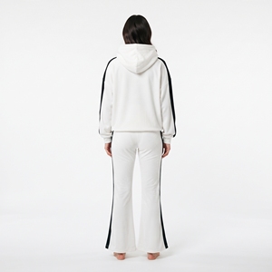 <b>Women's</b> <b>White</b> Hooded Tracksuit Set With Black Side Stripes Loose Fit Full Length Sweatshirt And <b>Jogger</b> Pants Solid Color Casual - Product Image 6