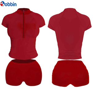 Conjunto de 2 piezas de shorts de verano para mujer, color liso, con logo personalizado, transpirable, de algodón, camiseta con cremallera 1/4, top corto de manga corta, ajuste ceñido. - Product Image 6