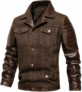 Blouson Moto Homme en Cuir Véritable Marron Col Rond Fermeture Éclair Coupe Slim Imperméable Coupe-Vent Service OEM Hiver - Product Image 1