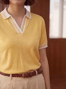 เสื้อโปโลผ้าตาข่ายน้ำหนักเบา ระบายอากาศดี คอวี สำหรับผู้หญิง แต่งขอบสีตัดกัน ดีไซน์ทันสมัย - Product Image 2