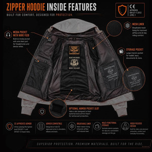 SAMROZ SPORTS Men's Streetguard Riding Hoodie - Aramid Reinforced with CE Shoulder and Elbow Armor - Black - Product Image 6