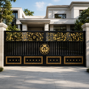 Portail coulissant de luxe noir et or à motifs roulés, portail de sécurité moderne pour entrée principale de villa, design décoratif en fer pour la maison - Product Image 1