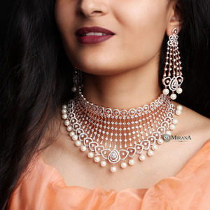 Gold Plated CZ Falling Pearl Drop Choker Set with Zirconia for Wedding - Product Image 1