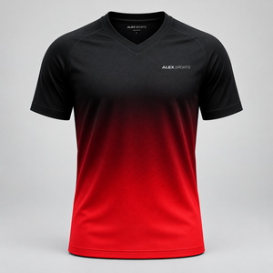 Camiseta de fútbol con cuello en V para hombre Alex Sports, manga corta, degradado negro y rojo, transpirable, jersey de fútbol con cuello en V para hombre, degradado - Product Image 1