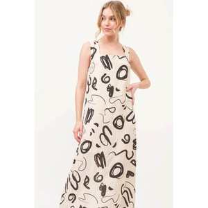 เดรสยาวสีเบจพิมพ์ลายแบบนามธรรมของ Veloro คอทรงเหลี่ยม ไซส์ S ดีไซน์โดดเด่นมีสไตล์ ผลิตด้วยมือ - Product Image 4