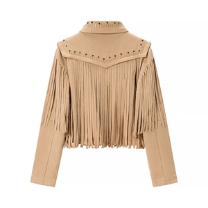 Women's Premium Tan Fringe Genuine <b>Suede</b> <b>Leather</b> <b>Jacket</b> Front Stud Trim Point Collar Whipstitch Studded Customization Available - Product Image 2