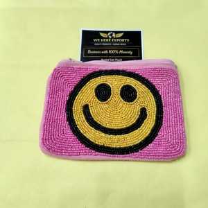 Porte-monnaie perlé rose avec visage souriant, fait main, en perles de rocaille, pochette zippée, mini pochette souriante, petit portefeuille de voyage pour pièces et cartes - Product Image 2