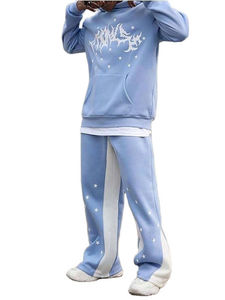 Premium <b>Light</b> Blue Hooded Tracksuit Set With <b>Star</b> Print Loose Fit Streetwear Joggers Full Length Cotton Sweatshirt And Pants - Product Image 6