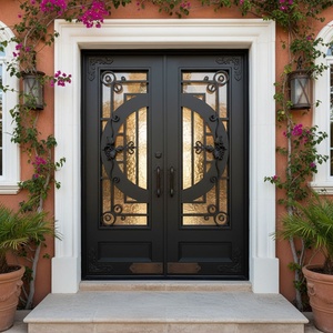 Traditional Finished Rust-resistant Wrought Iron Exterior Entry Doors Easy to Assemble with Decorative Glass Panels - Product Image 2
