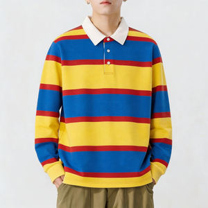 Polo rayé décontracté de haute qualité pour homme, manches longues, color block, style rugby, personnalisable, vente en gros - Product Image 4