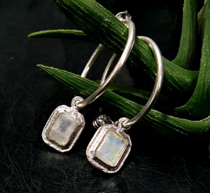 Natural Rainbow Moonstone <b>Hoop</b> <b>Earrings</b> <b>Solid</b> 925 Sterling <b>Silver</b> Handmade Cushion Cut Gemstone Bohemian Style Third Party - Product Image 2