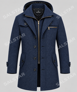 Manteau long en laine bleue pour homme avec capuche, col à revers cranté, double boutonnage, fermeture éclair, trench-coat - Product Image 4