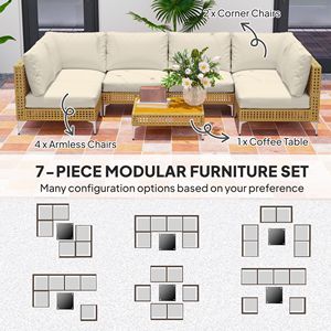 Set di mobili da giardino in vimini da 7 pezzi con tavolo in legno di acacia e cuscini ispessiti color kaki/beige - Product Image 4