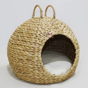 Nid pour animaux de compagnie en jacinthe d'eau fait main, petit, portable, rond, respirant, en fibre, pour intérieur, toutes saisons, amovible et lavable - Product Image 2