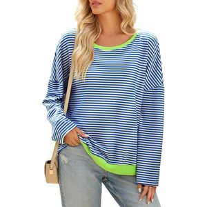 Jersey a rayas de cuello redondo de gran tamaño para mujer 2025, camisetas informales de manga larga con bloques de Color en seda, talla XL para mujer - Product Image 5