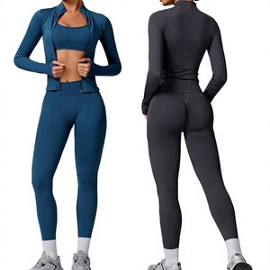 Ensemble de leggings de yoga sans couture à taille haute et manches longues, col rond, couleur unie, 2 pièces, en Spandex/Nylon extensible dans les quatre sens - Product Image 1