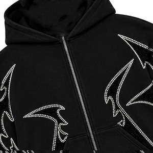 Sweat à capuche zippé noir pour homme, coupe classique, style streetwear, broderie, impression par transfert thermique, design en strass, écologique, automne - Product Image 5