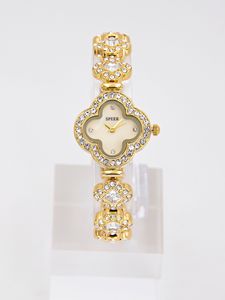 Montre de luxe pour femme à mouvement Citizen, trèfle à quatre feuilles, quartz, bracelet en alliage plaqué or avec diamants, verre vert menthe 28 mm, aiguilles - Product Image 3