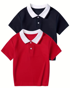 Red Navy Breathable Eco-Friendly Short Sleeve Polo Shirt for Boys Casual Solid Color Polyester/Cotton Knitted Fabric Plain Dyed - Product Image 1