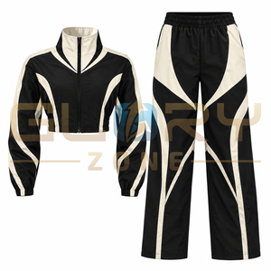 Custom <b>Black</b> Cream Tracksuit <b>Set</b> Cropped Jacket And Wide Leg Pants Trendy Women Sportswear <b>Gym</b> Casual Fashion Premium Clothing - Product Image 6