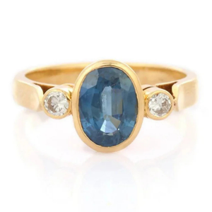 18K Gold Three Stone Sapphire and <b>Diamond</b> <b>Ring</b> for Women - Product Image 2