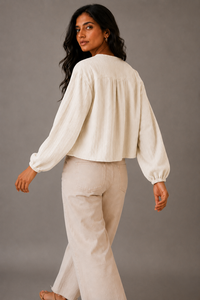Blusa de algodón seersucker para mujer, manga larga, corte ajustado y acampanado, cuello redondo, informal, para uso diario, top de verano y primavera. - Product Image 2