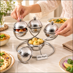 Élégant ensemble de service pour fruits secs en argent avec 4 bols en acier martelé à couvercle et support métallique pour dattes, bonbons, collations – Vaisselle de table - Product Image 3