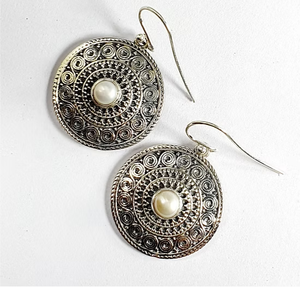 Oxidized 925 Sterling <b>Silver</b> <b>Earrings</b> With Pearl Trendy Vintage Style Mandala Design Gemstone <b>Dangle</b> Jewelry - Product Image 2