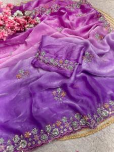 Sari de satén Fandy con diseño de cuentas y lentejuelas, ideal para fiestas, con blusa de satén Fandy con trabajo de cuentas. - Product Image 2