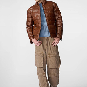 Veste matelassée en cuir PU marron pour homme, col montant, fermeture éclair, coupe-vent, hiver, décontractée, coupe ajustée, fibre de polyester, service OEM - Product Image 5