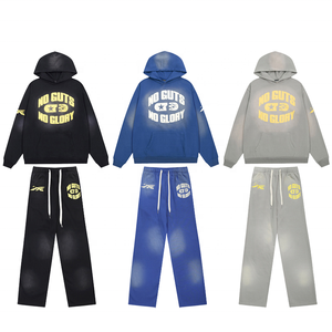 Ensemble de survêtement unisexe en molleton bouclette DTG délavé à l'acide, style streetwear, avec sweat à capuche et pantalon de jogging évasé, vente en gros OEM - Product Image 1