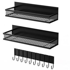Étagère de rangement murale en métal avec étagères en maille et crochets, style industriel, organisateurs à double niveau pour mur ou porte - Product Image 1