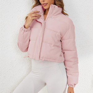 Women's Cropped Puffer Jacket Solid Color Stand Collar Zipper Closure Full <b>Sleeve</b> Winter Warm Outerwear Wholesale Puffer Jacket - Product Image 4