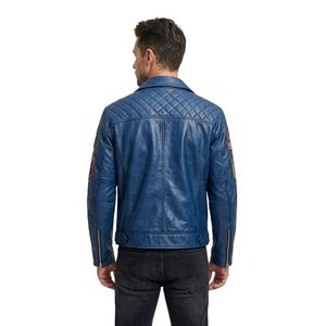 Veste en cuir vintage lavé avec empiècements, pour homme, en peau de mouton véritable, bleue, avec emblème de moto, décontractée, coupe-vent, pour l'automne et l'hiver - Product Image 2