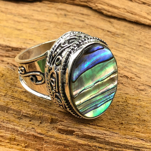 Vintage Cocktail Ring With Iridescent <b>Shell</b> Inlay 925 Silver Bezel Setting Unisex Everyday Wear - Product Image 6