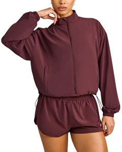 Veste coupe-vent légère et respirante pour femme, résistante à l'eau, avec fermeture éclair intégrale, col montant, fentes dorsales, coupe ample et ourlet à cordon de serrage - Product Image 1