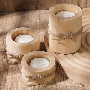 Porte-bougies en bois faits à la main, ronds, en bois naturel, avec nœud en ficelle, décoration de la maison, décoration de Noël - Product Image 3