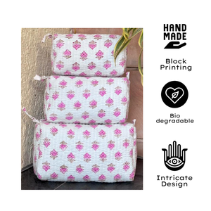 Premium Jaipur Hand Block Printed Quilted Cotton Pouch Set For Cosmetics Jewellery Toiletries Gifting Eco friendly Water proof - Product Image 1