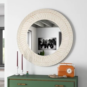Hand-Carved <b>Round</b> Contemporary MDF <b>Wood</b> Feather/Leaf Accent <b>Mirror</b> From REHMAN CRAFT - Product Image 1