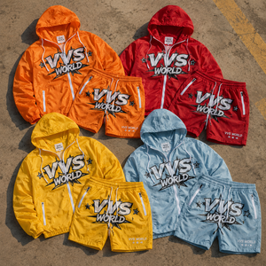 Men's Lightweight Crinkle Nylon Tracksuit Orange Graphic Windbreaker Hooded Jacket and Shorts 2 Piece <b>Set</b> Retro Y2K Streetwear - Product Image 2