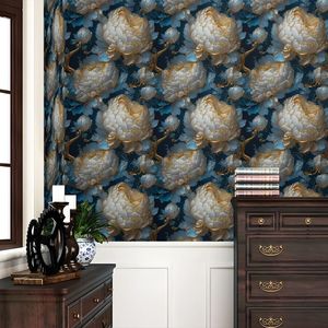 Carta da Parati Adesiva Vintage con Motivi Floreali, Blu Scuro con Peonie Oro e Bianche, Facile Applicazione, Decorazione Murale - Product Image 4