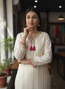 <b>Women</b> Traditional Cotton Digital Printing Ankle-Length White <b>Kurta</b> Set Pink Pom Pom Trim Regular Fit Casual Wear India Pakistan - Product Image 4