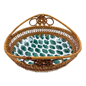 ถาดเสิร์ฟเซรามิกสีเขียวทำด้วยมือพร้อมด้ามหวายสานลายแปรงสำหรับรับประทานอาหารในบ้านหรือตกแต่งงานปาร์ตี้ - Product Image 2