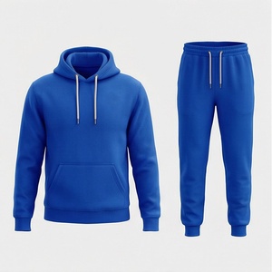 Ensemble de survêtement unisexe bleu à capuche, manches longues, couleur unie, vêtements décontractés avec fermeture à cordon et poches latérales pour adultes, automne - Product Image 1